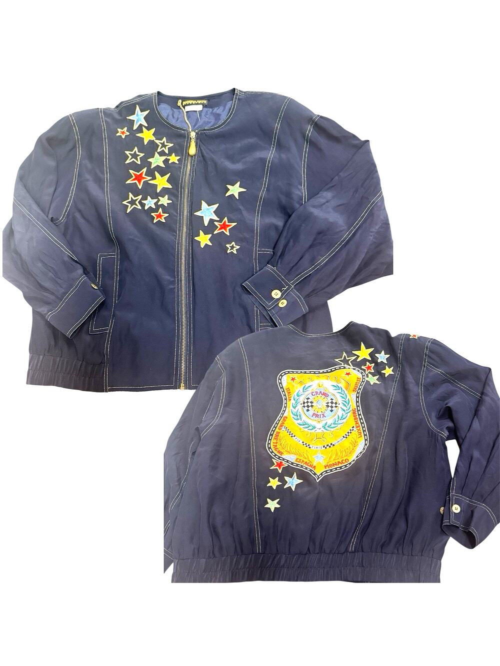 Vintage Sandra Roth Ciao Sport 100% Silk Jacket colorful embroidery Grand Prix 8